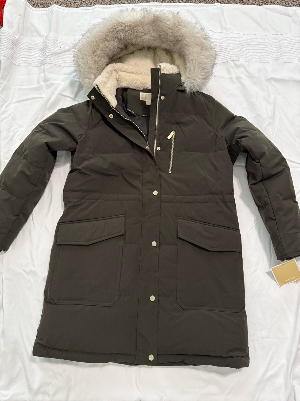 Michael Kors Olive Green Faux-Fur Trim Puffer Parka